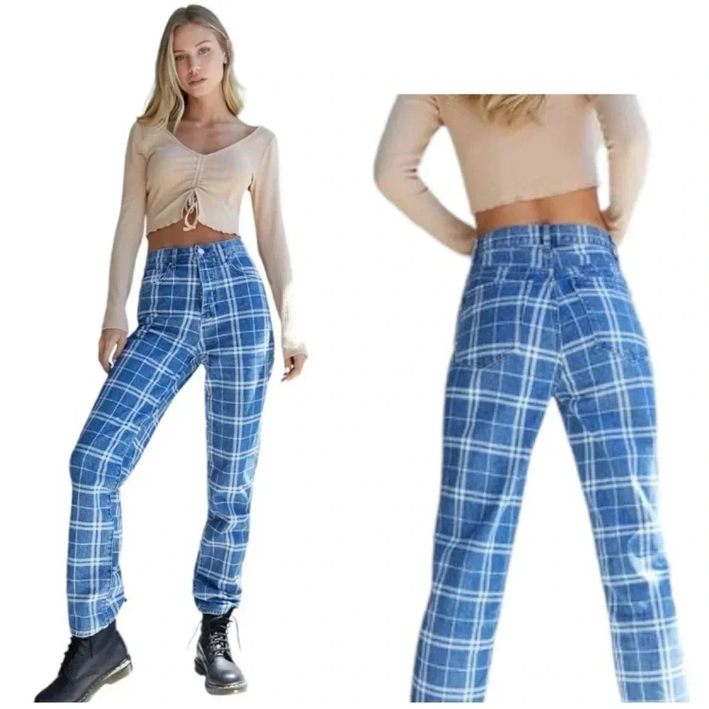 PACSUN Y2K Eco High Rise Straight Leg Plaid Dad Jeans Size 26